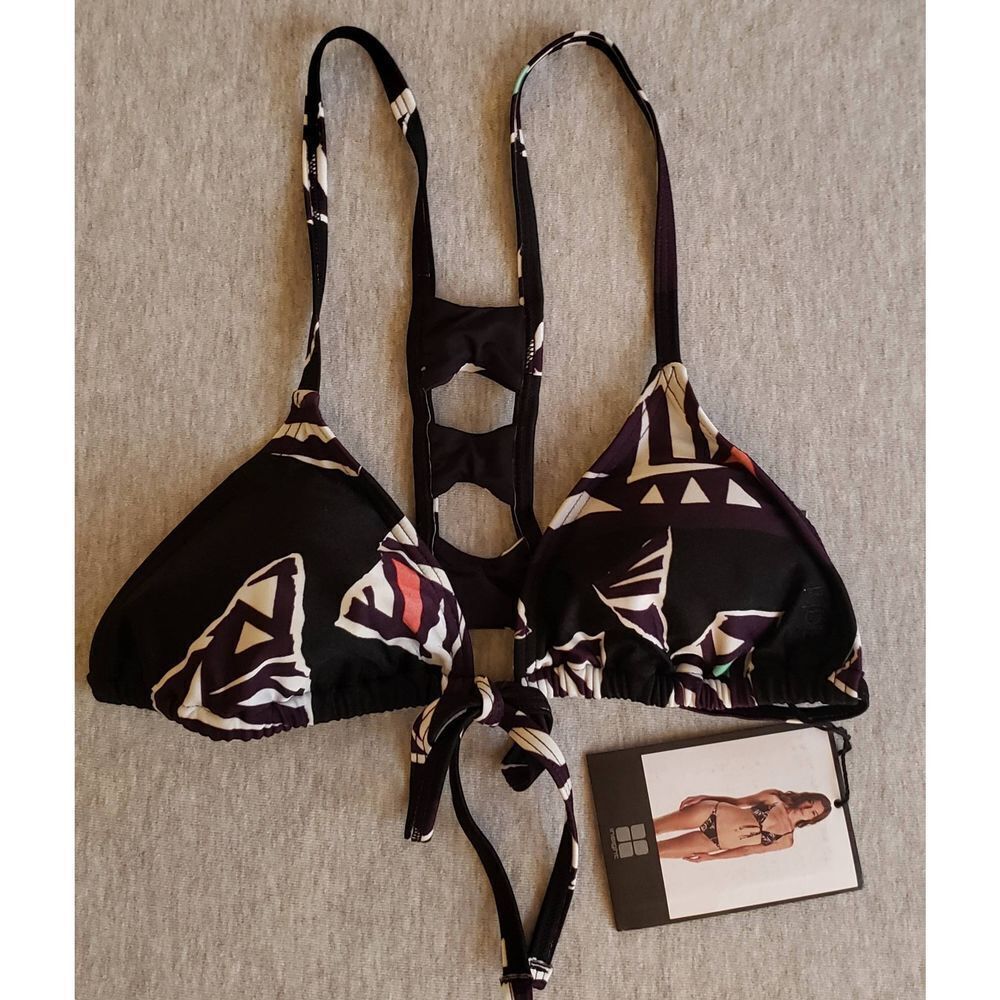 INSIGHT CHIPS LADDER HALTER TOP EGGPLANT BLACK WHITE BIKINI TOP NWT